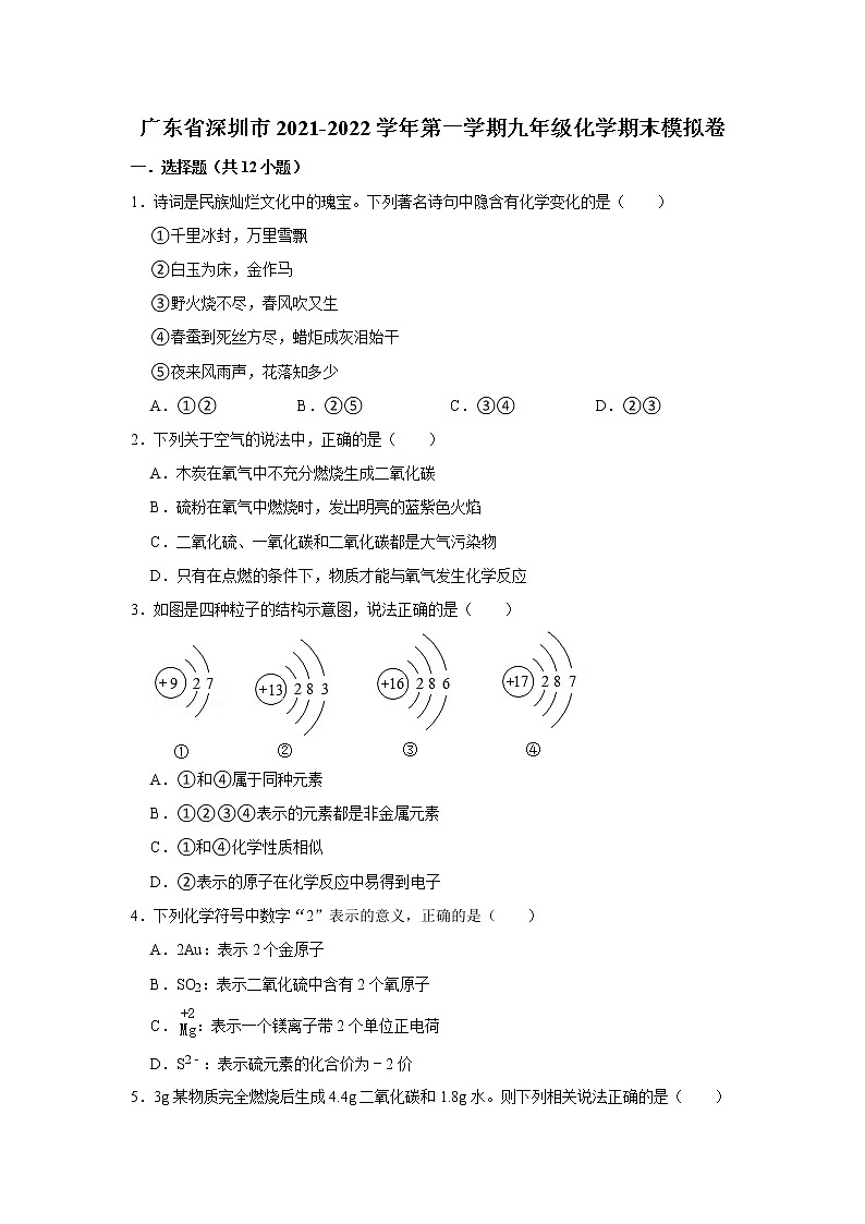 广东省深圳市2021-2022学年上学期九年级化学期末模拟卷（word版 含答案）01