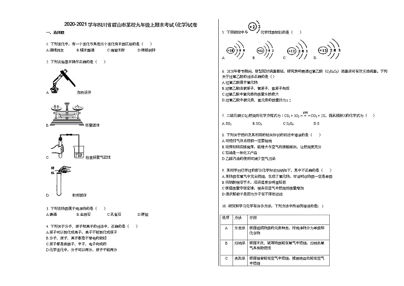 2020-2021学年四川省眉山市某校九年级上期末考试_（化学）试卷人教版第1页