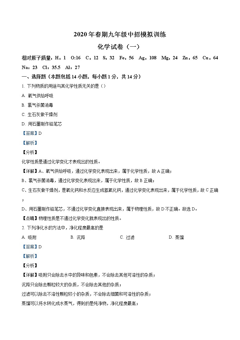 精品解析：2020年河南省南阳市镇平县中考一模化学试题（解析版+原卷版）01