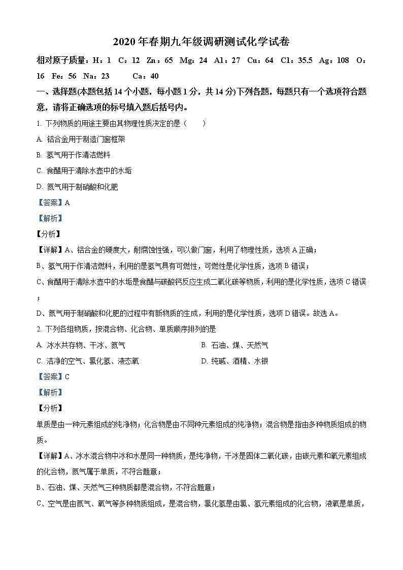 精品解析：2020年河南省南阳市镇平县中考一模化学试题（解析版+原卷版）01