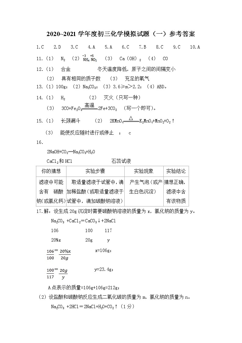 2021年山东省菏泽市单县中考一模化学试题及答案（扫描版）01