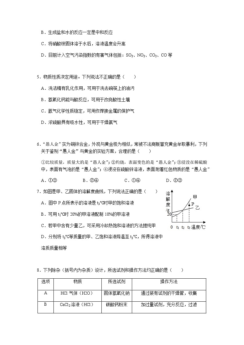2020-2021学年江苏省南通市崇川区崇川中学九年级（下）校内一模化学试卷（word版无答案）02