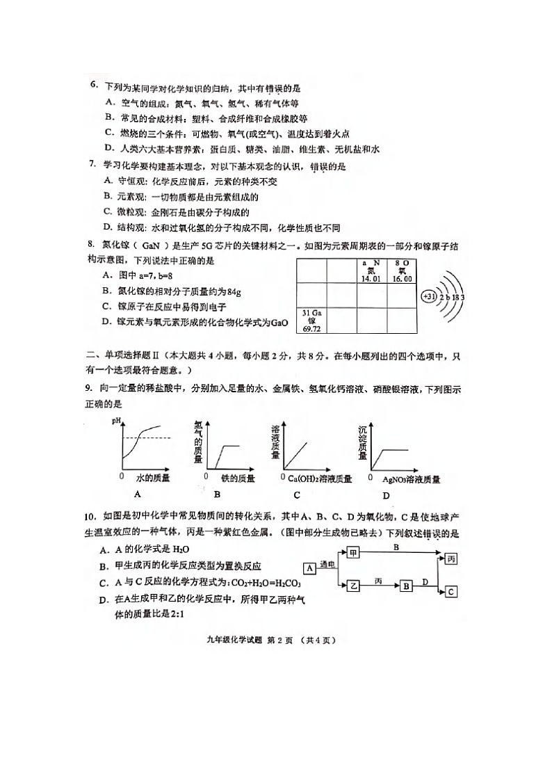 2020-2021学年深圳福田区九年级化学质量检测卷（图片版,无答案）第2页