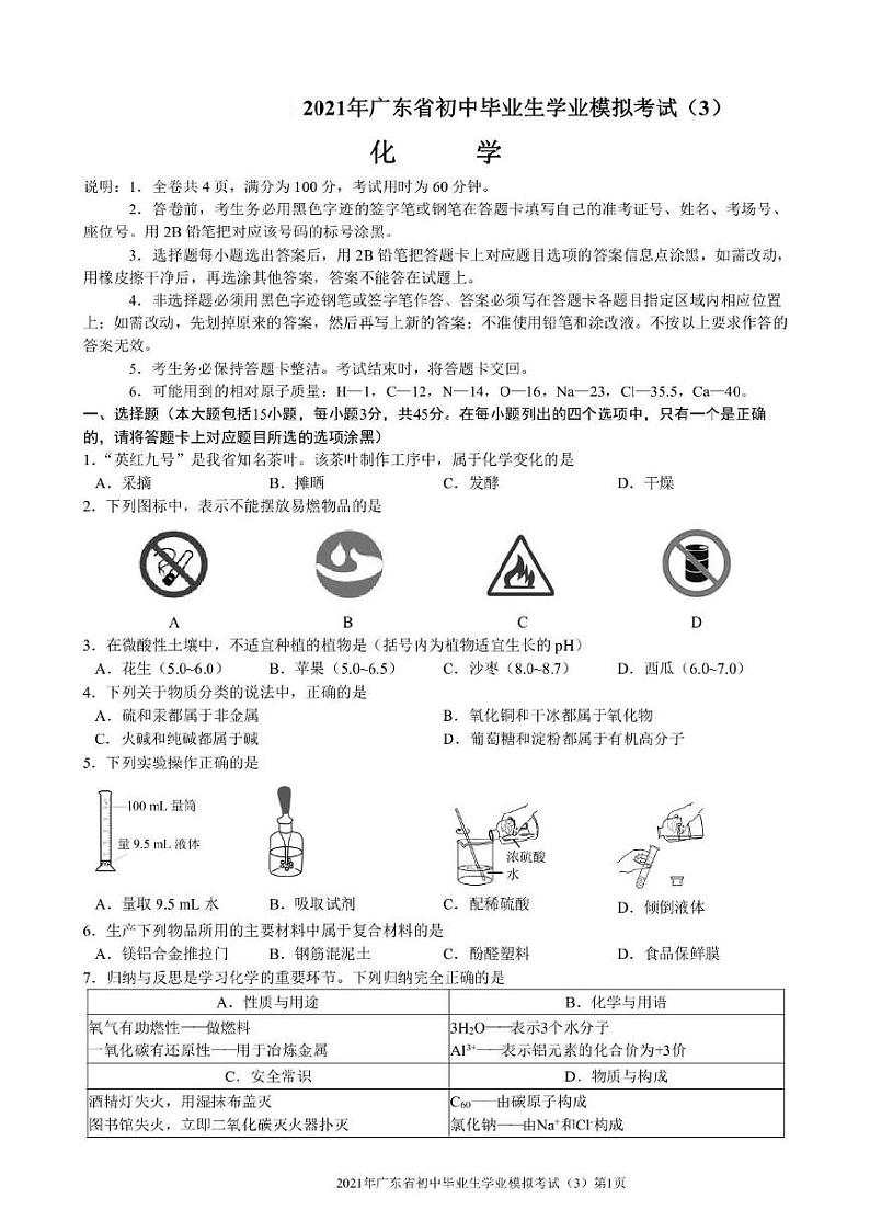 2021年广东省初中学业化学模拟考试三（PDF无答案）第1页
