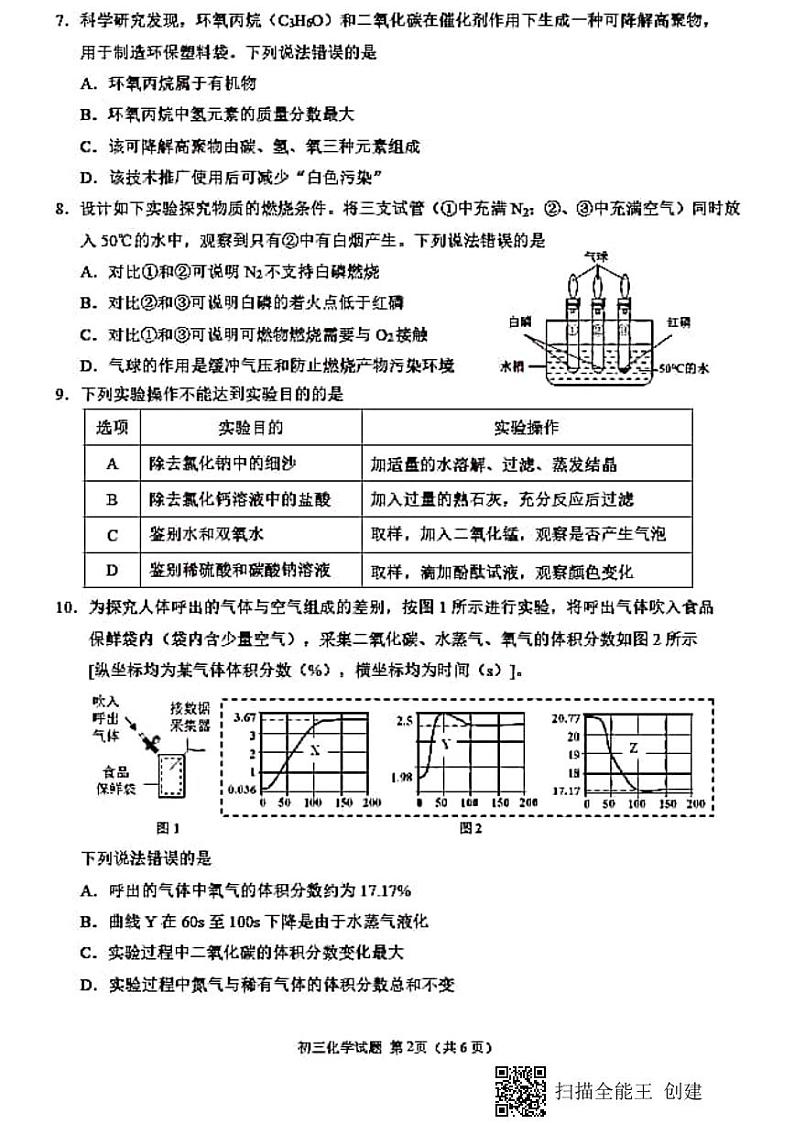 2021年福建省泉州市初中学生质量检查初三化学试题(PDF版无答案)02