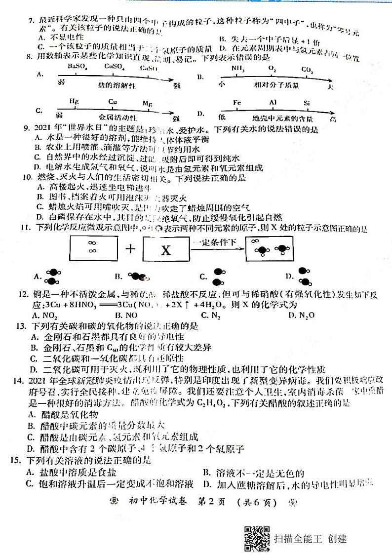2021年湖南省衡阳市初中学业水平考试化学试题（图片版 无答案）02