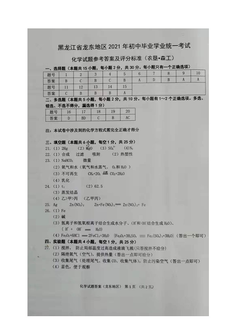 2021年黑龙江省龙东地区（农垦 森工）中考化学真题（图片版有答案）01