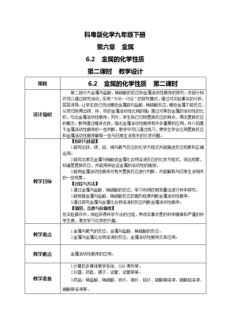 科粤版化学九下 6.2《金属的化学性质》第二课时  精品课件+教学详案+练习01