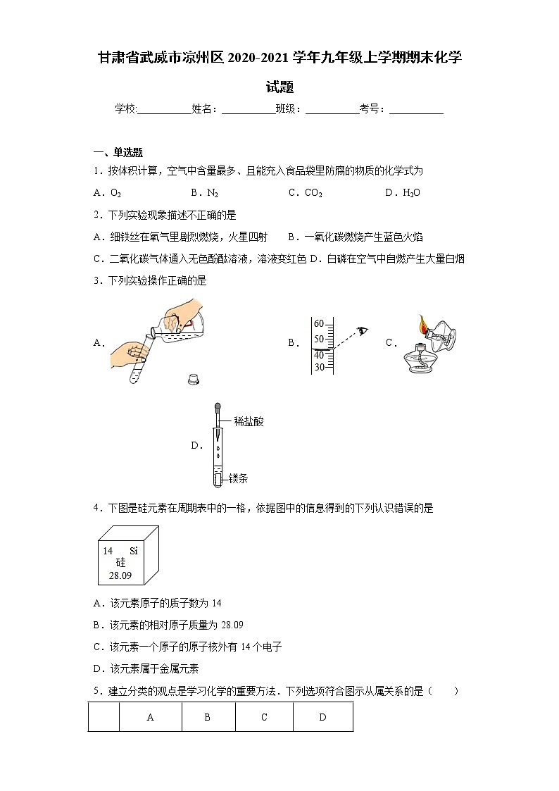 甘肃省武威市凉州区2020-2021学年九年级上学期期末化学试题（word版 含答案）01