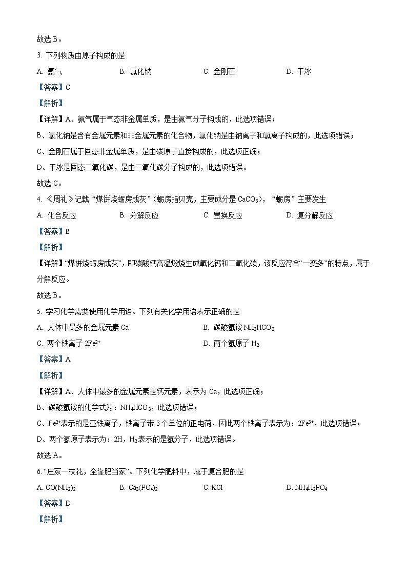 精品解析：2021年5月江苏省苏州市部分学校中考二模化学试题（解析版+原卷版）02