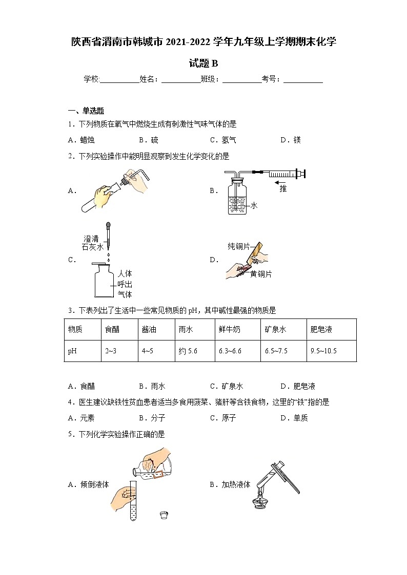 陕西省渭南市韩城市2021-2022学年九年级上学期期末化学试题B（word版 含答案）第1页