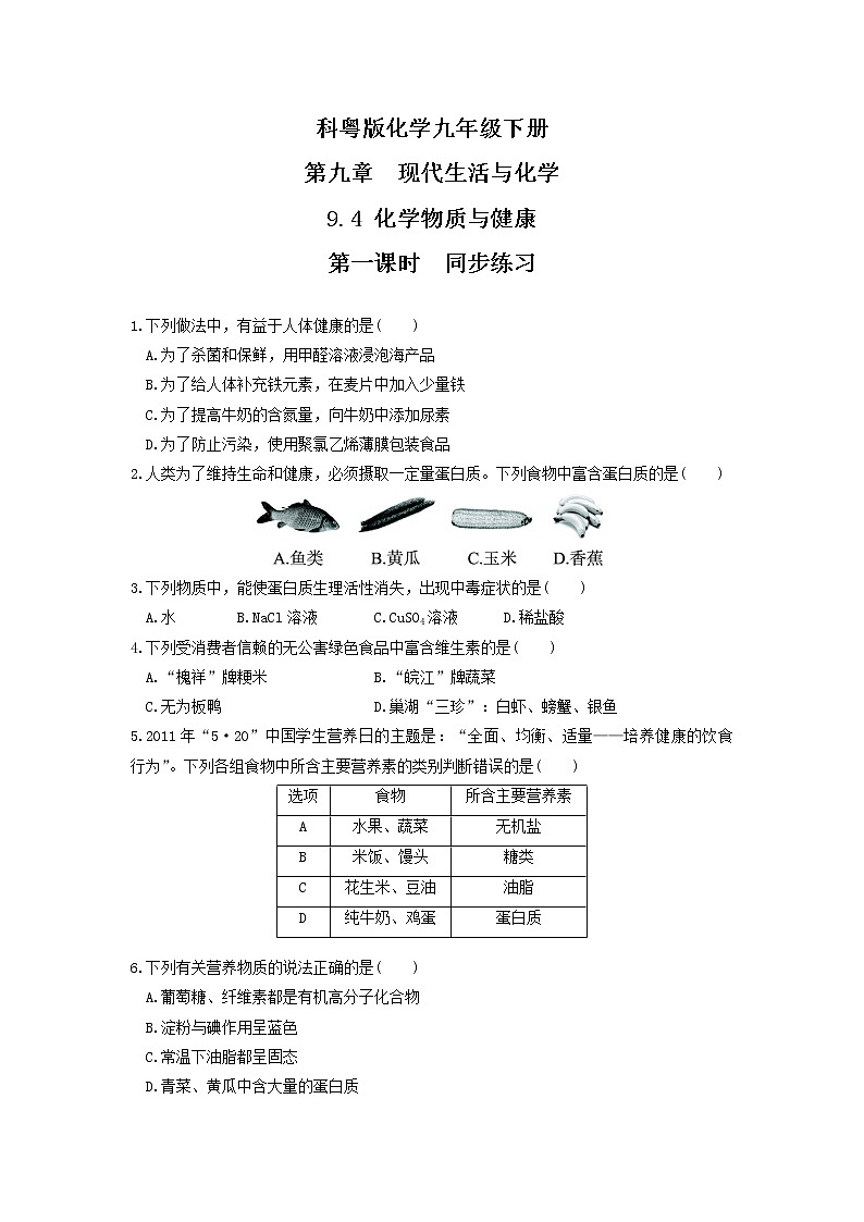 科粤版化学九下 9.4《化学物质与健康》第一课时  精品课件+教学详案+练习01