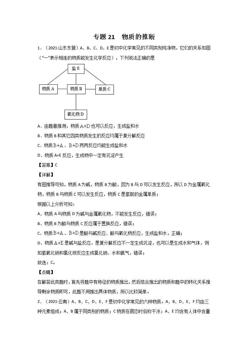 2021中考化学分类汇编（精简版）——专题21 物质的推断第1页