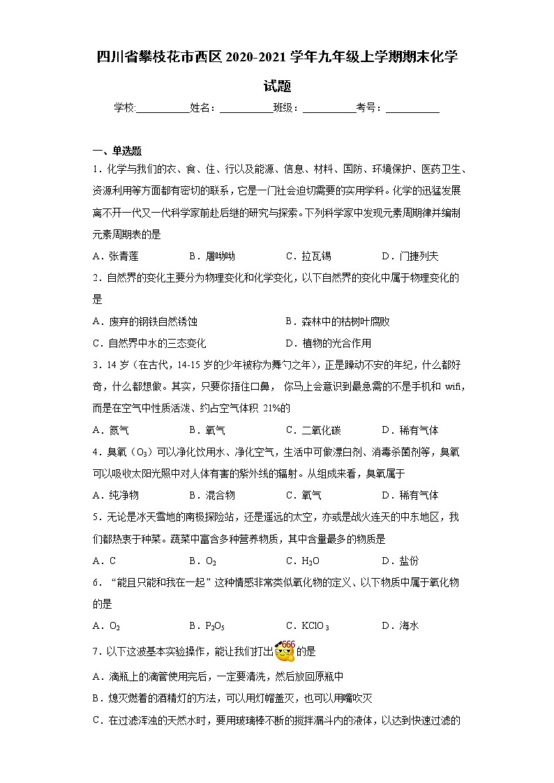 四川省攀枝花市西区2020-2021学年九年级上学期期末化学试题（word版 含答案）第1页