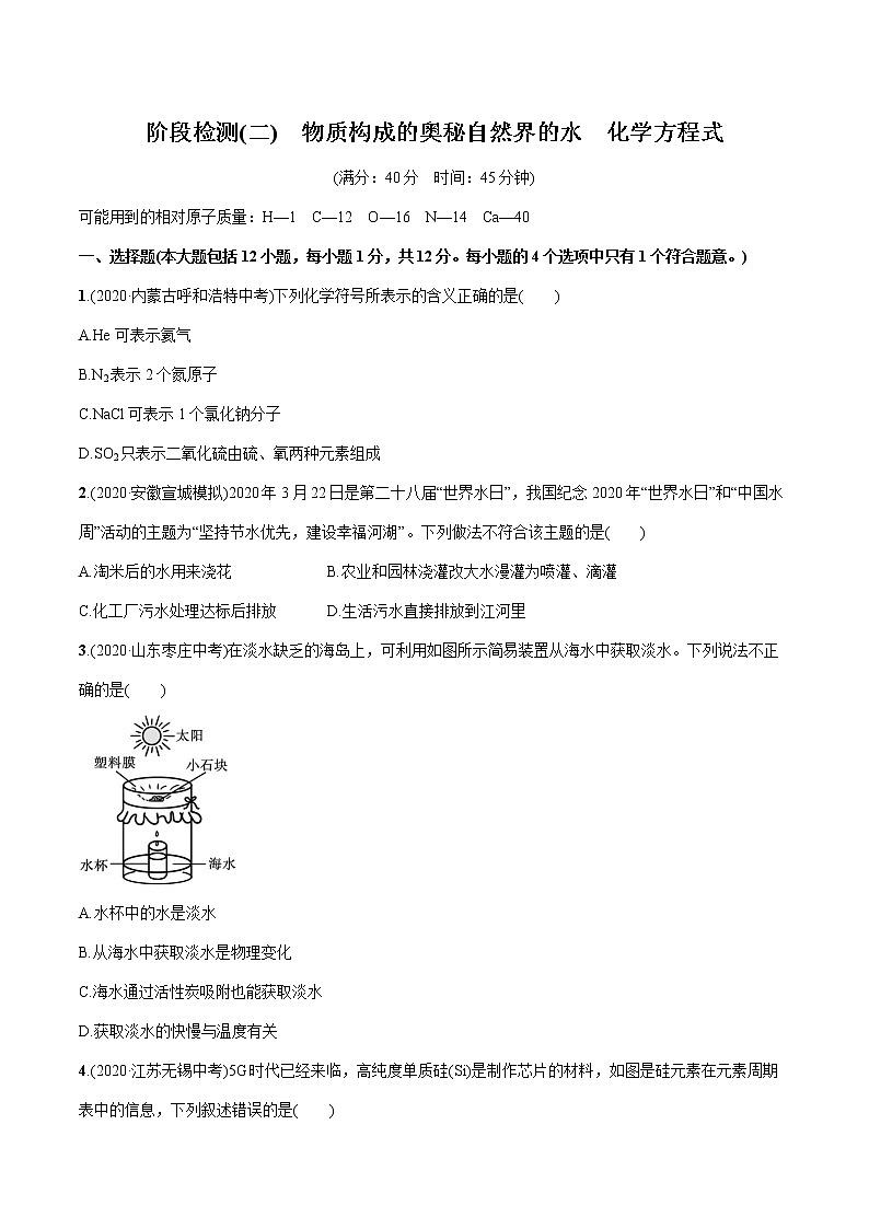 2022届初中化学一轮复习 阶段检测(二)　物质构成的奥秘自然界的水　化学方程式 习题第1页