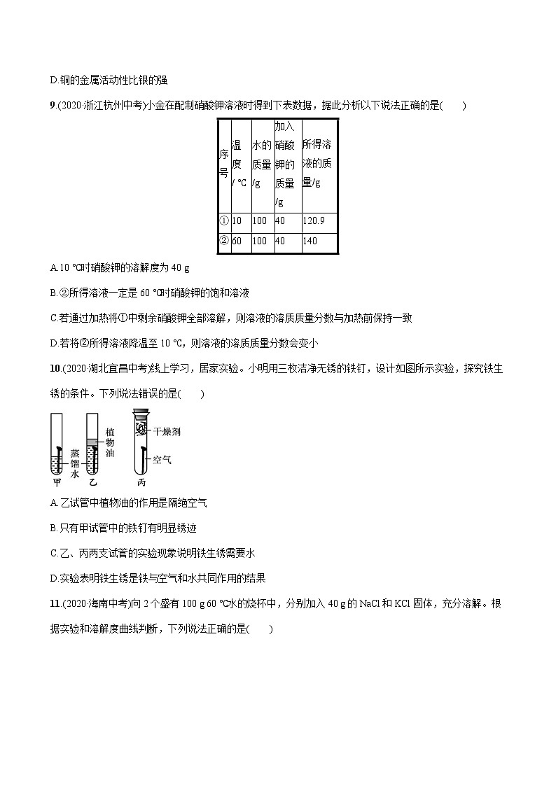 2022届初中化学一轮复习 阶段检测(四)　金属和金属材料　溶液 习题第3页