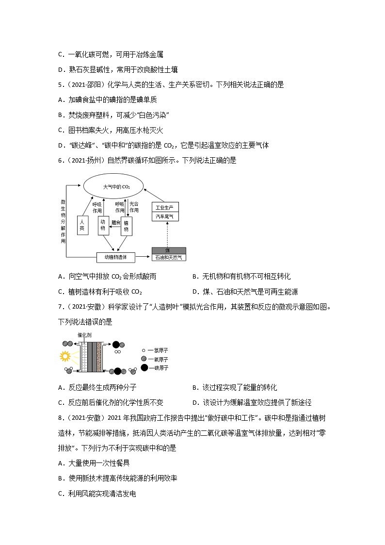 2021中考化学真题分类汇编 专题09 碳和碳的氧化物（学生卷+教师卷）02