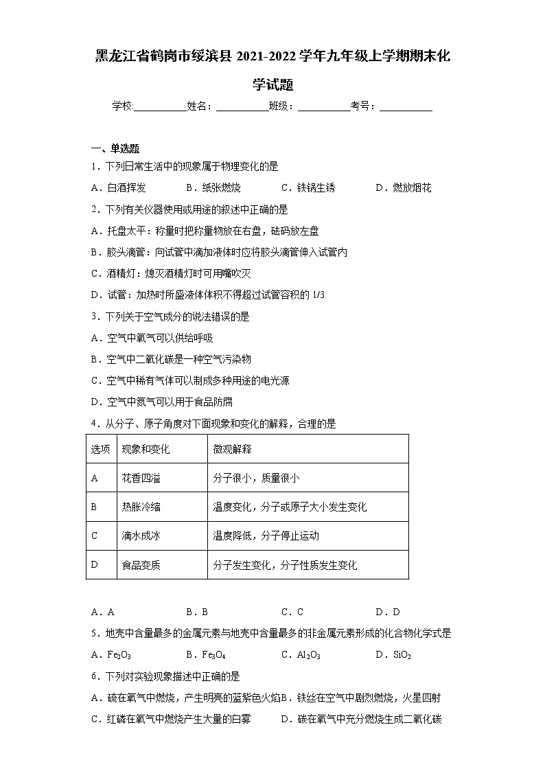 黑龙江省鹤岗市绥滨县2021-2022学年九年级上学期期末化学试题（word版 含答案）第1页