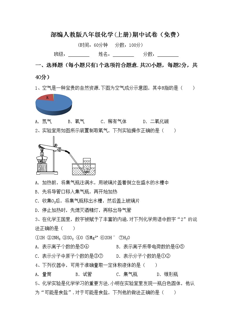 部编人教版八年级化学(上册)期中试卷（免费）第1页