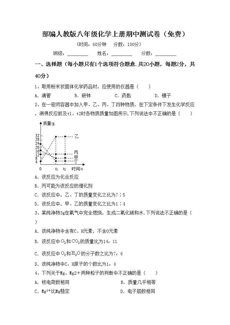 部编人教版八年级化学上册期中测试卷（免费）第1页