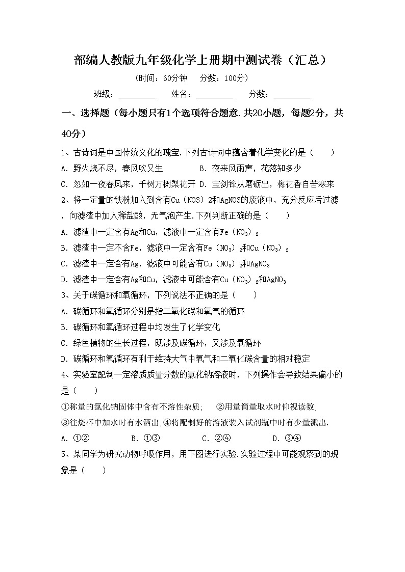 部编人教版九年级化学上册期中测试卷（汇总）第1页