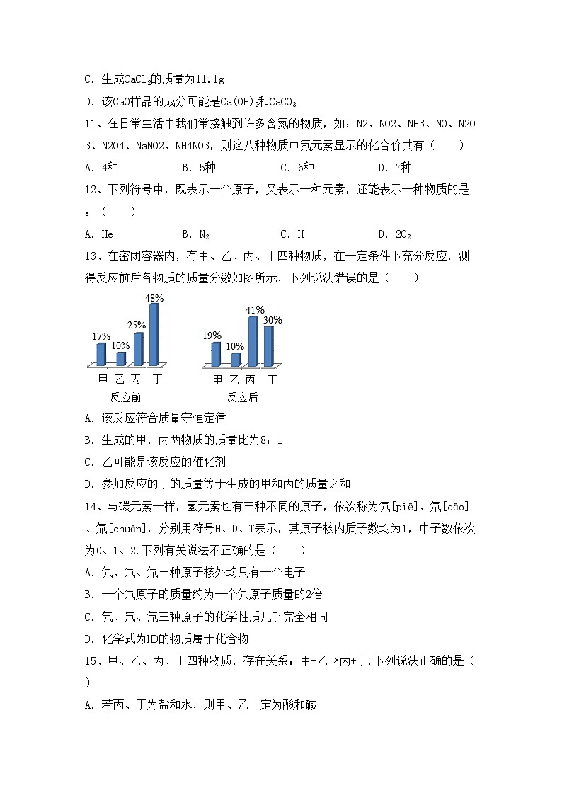 部编人教版九年级化学(上册)期中试卷及答案（审定版）第3页