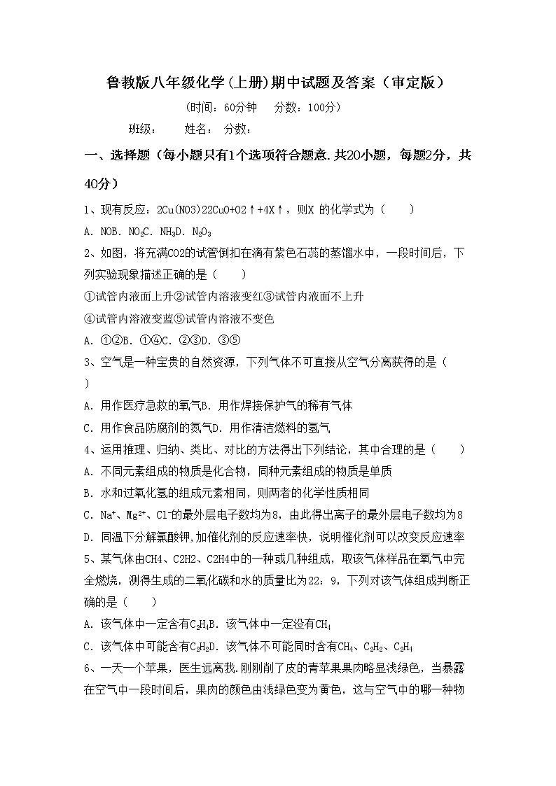 鲁教版八年级化学(上册)期中试题及答案（审定版）第1页