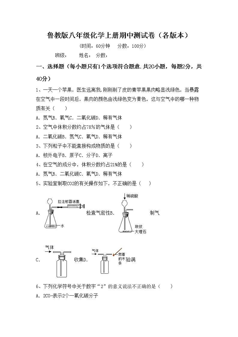 鲁教版八年级化学上册期中测试卷（各版本）第1页