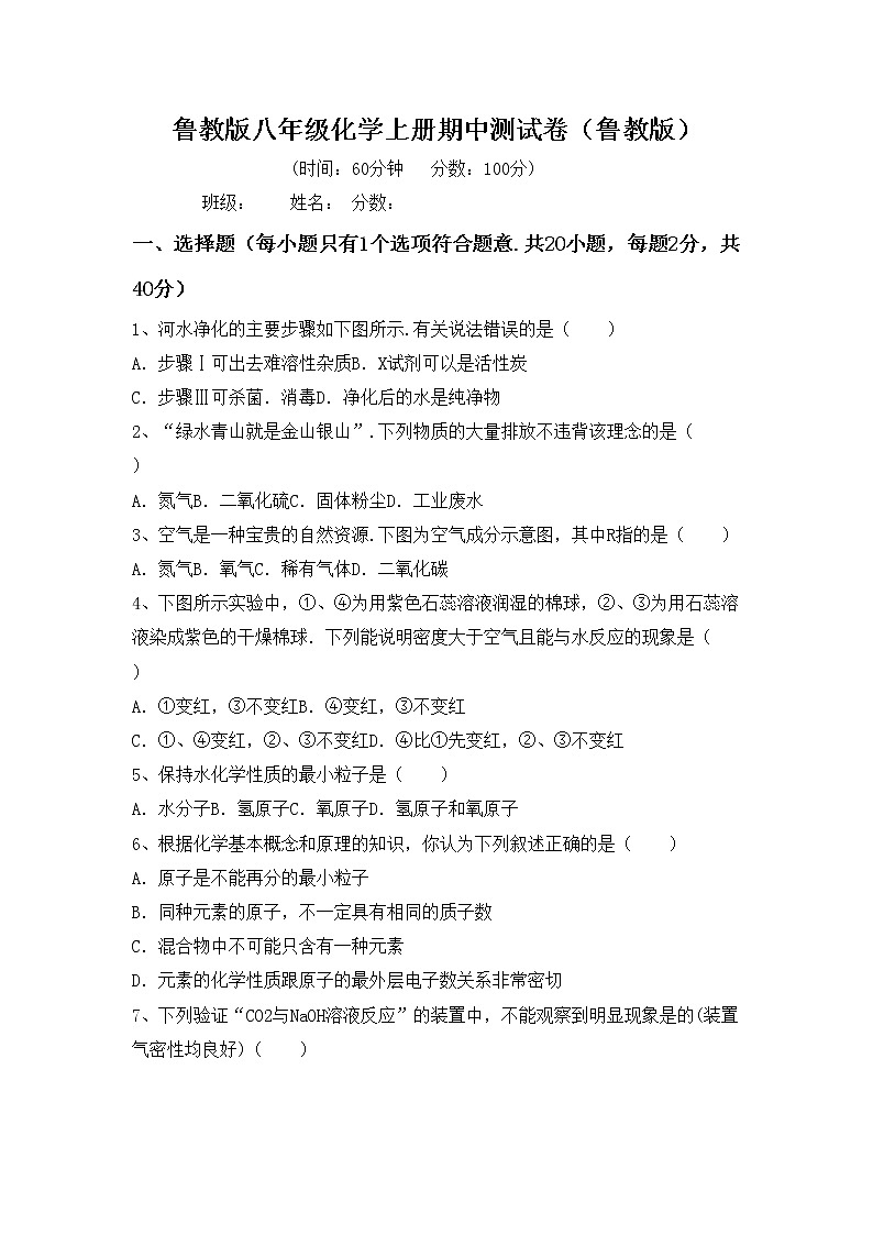 鲁教版八年级化学上册期中测试卷（鲁教版）第1页