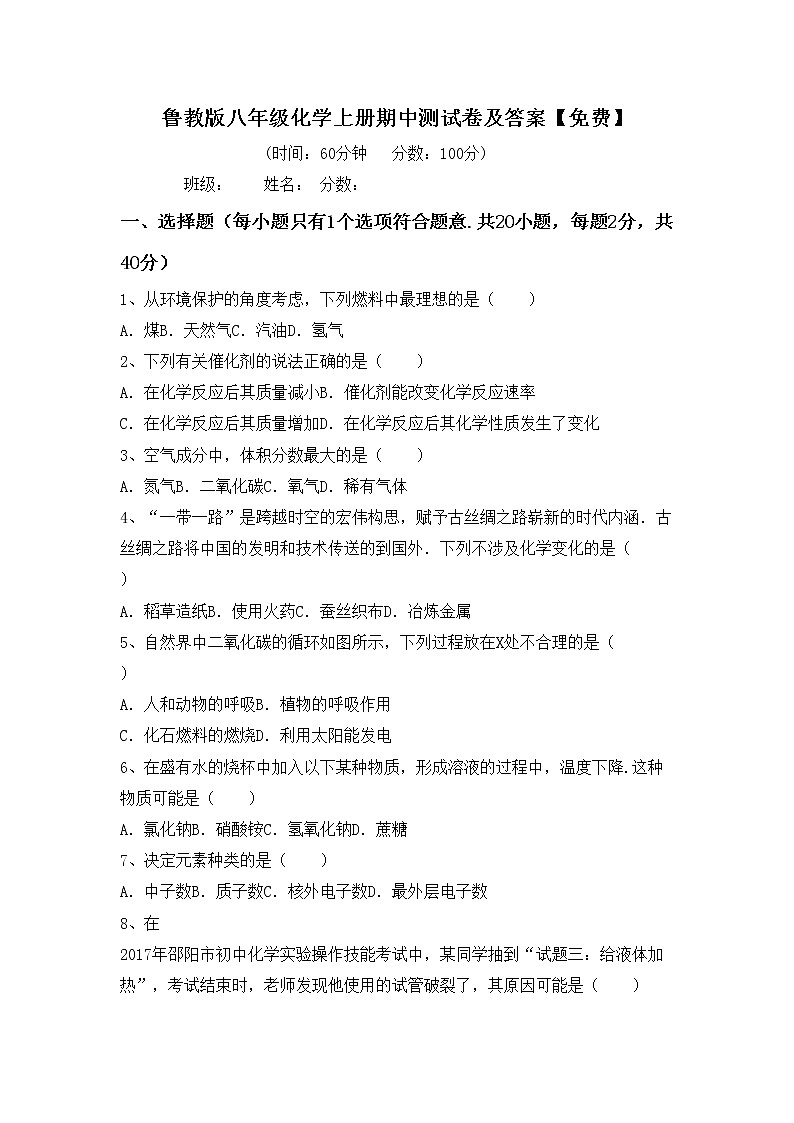 鲁教版八年级化学上册期中测试卷及答案【免费】第1页