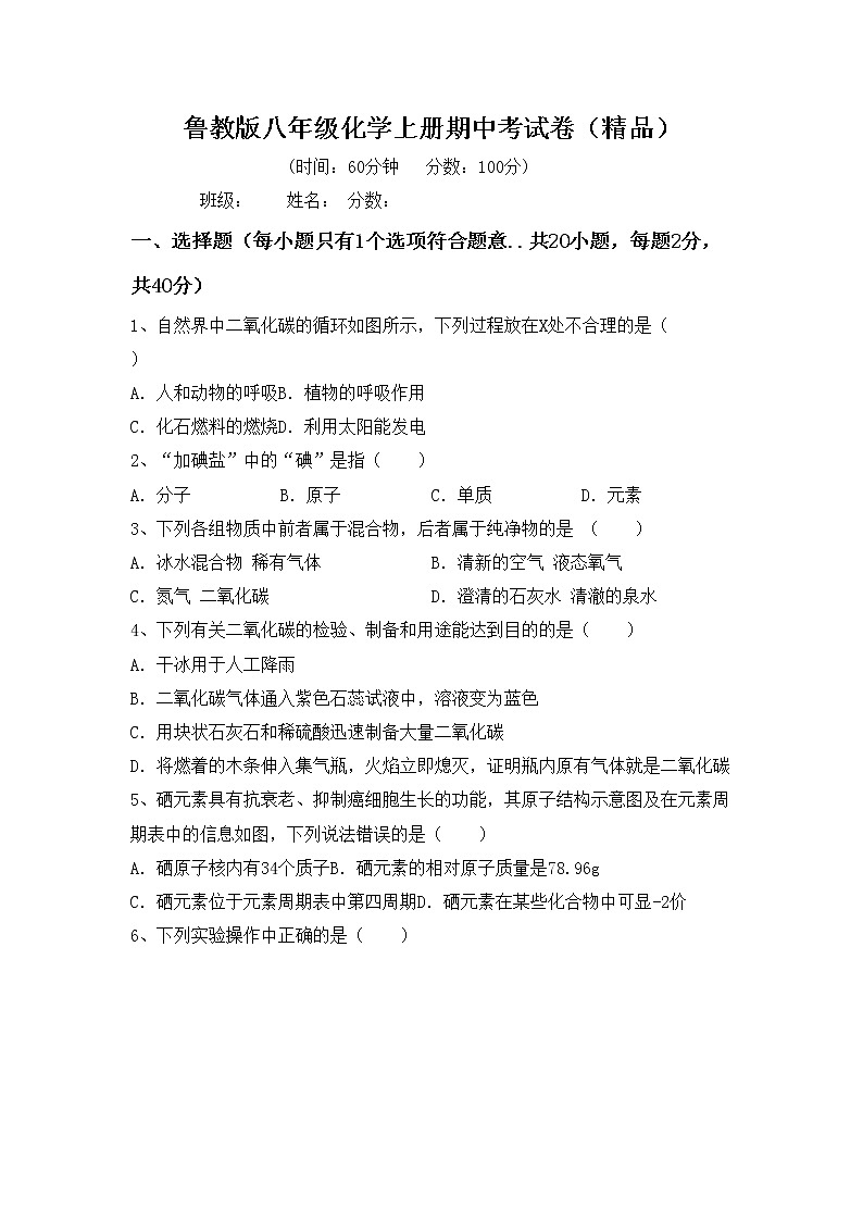 鲁教版八年级化学上册期中考试卷（精品）第1页