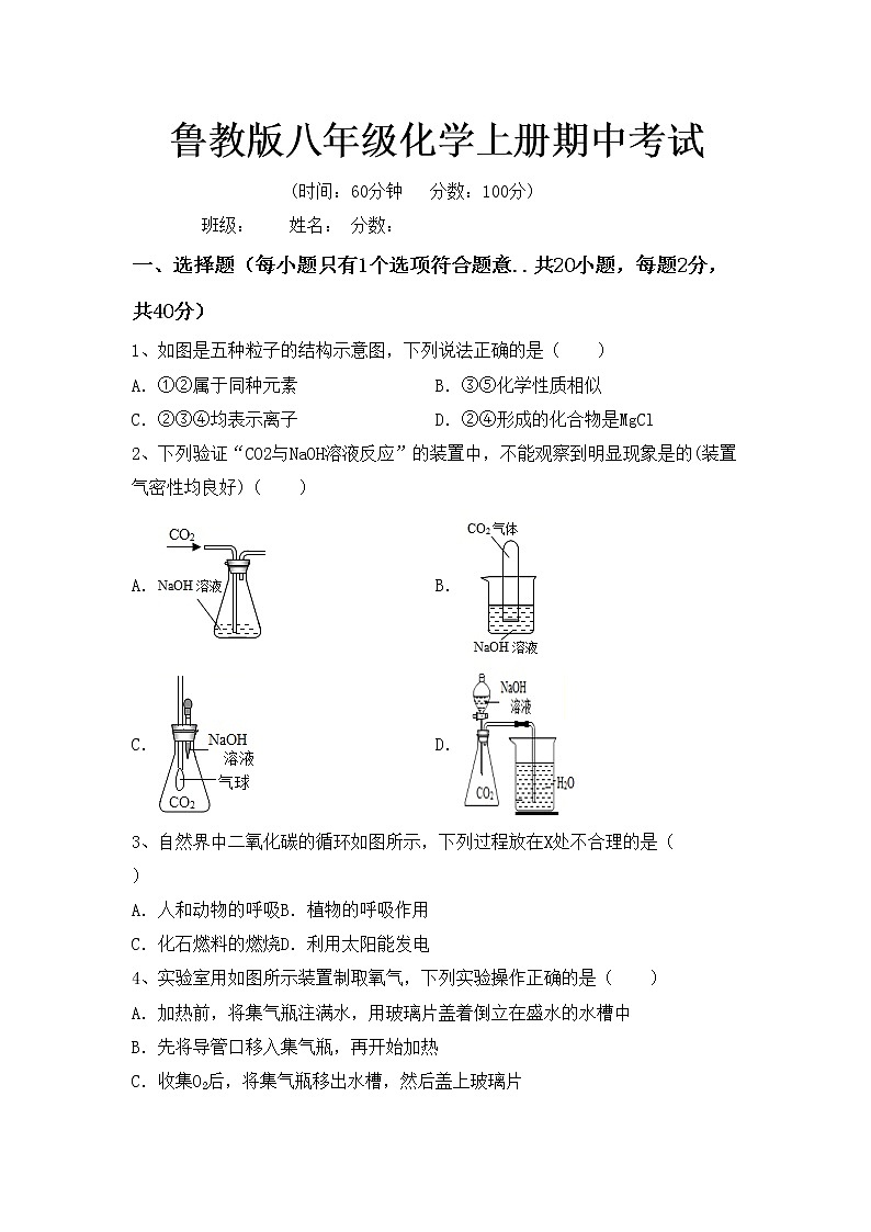 鲁教版八年级化学上册期中考试练习题第1页