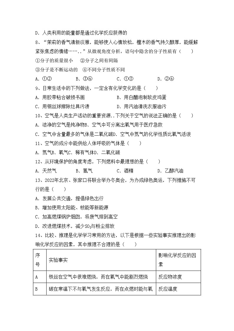 鲁教版八年级化学上册期中考试卷（A4打印版）第2页