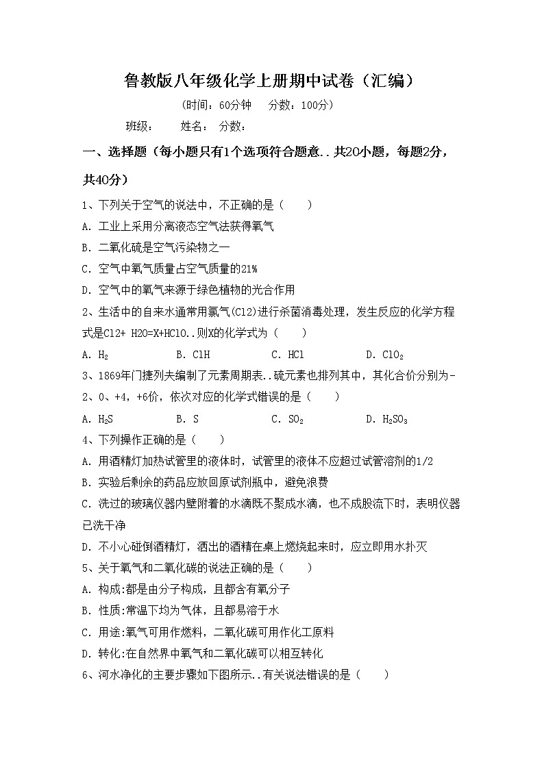鲁教版八年级化学上册期中试卷（汇编）第1页