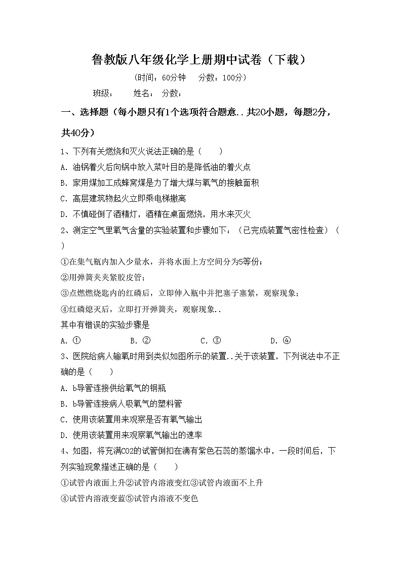 鲁教版八年级化学上册期中试卷（下载）第1页