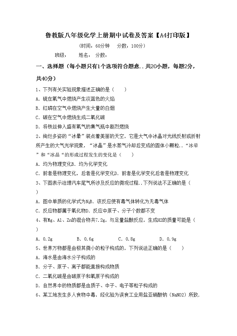 鲁教版八年级化学上册期中试卷及答案【A4打印版】第1页