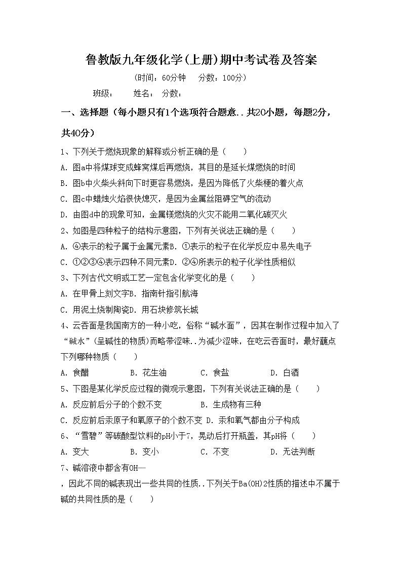 鲁教版九年级化学(上册)期中考试卷及答案第1页