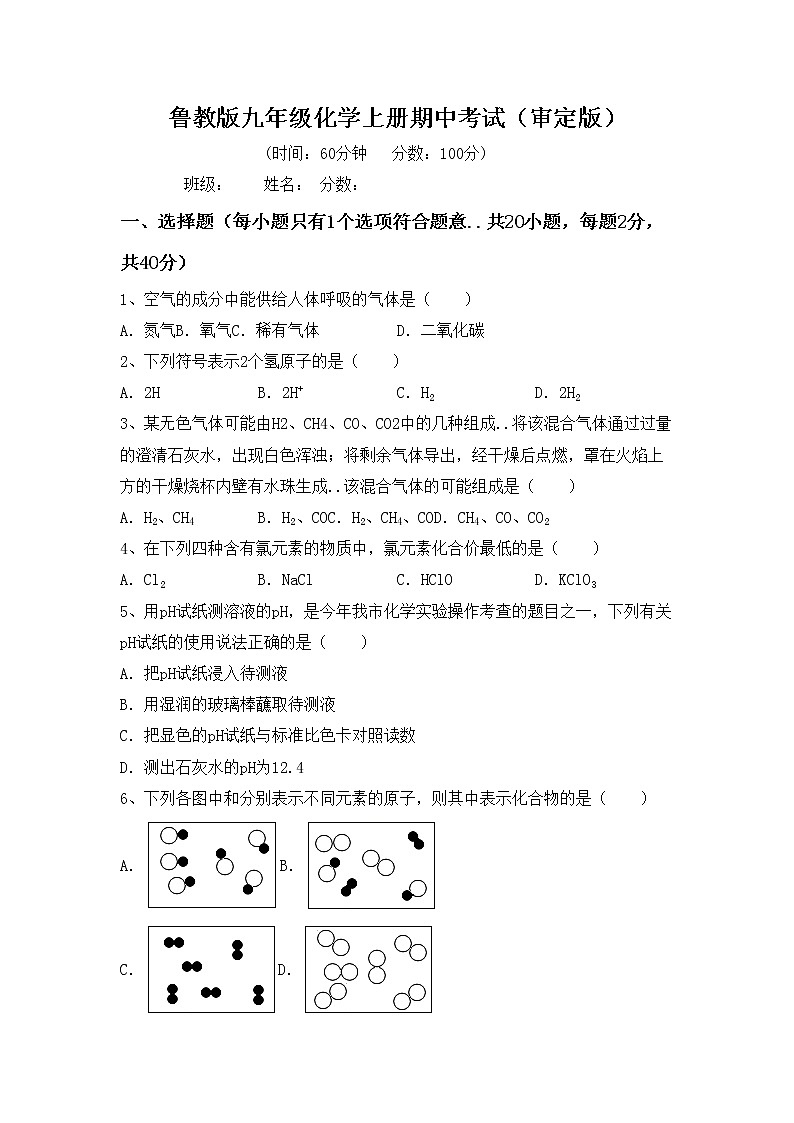 鲁教版九年级化学上册期中考试（审定版）练习题第1页
