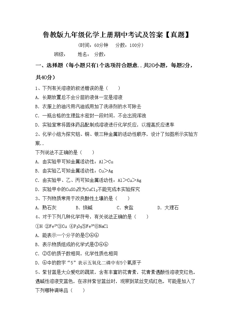 鲁教版九年级化学上册期中考试及答案【真题】第1页