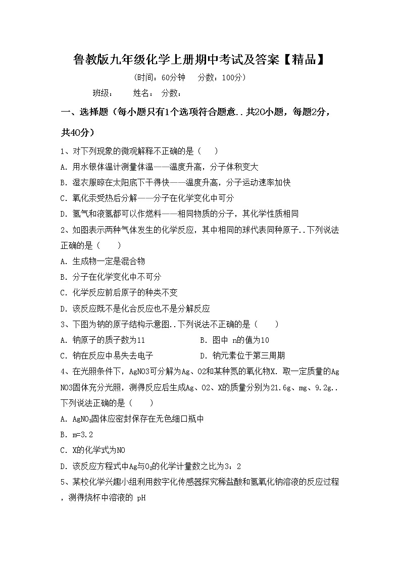 鲁教版九年级化学上册期中考试及答案【精品】练习题第1页