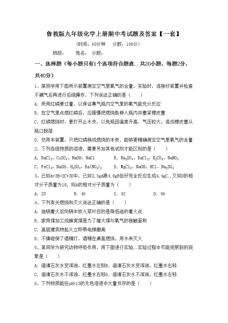鲁教版九年级化学上册期中考试题及答案【一套】第1页