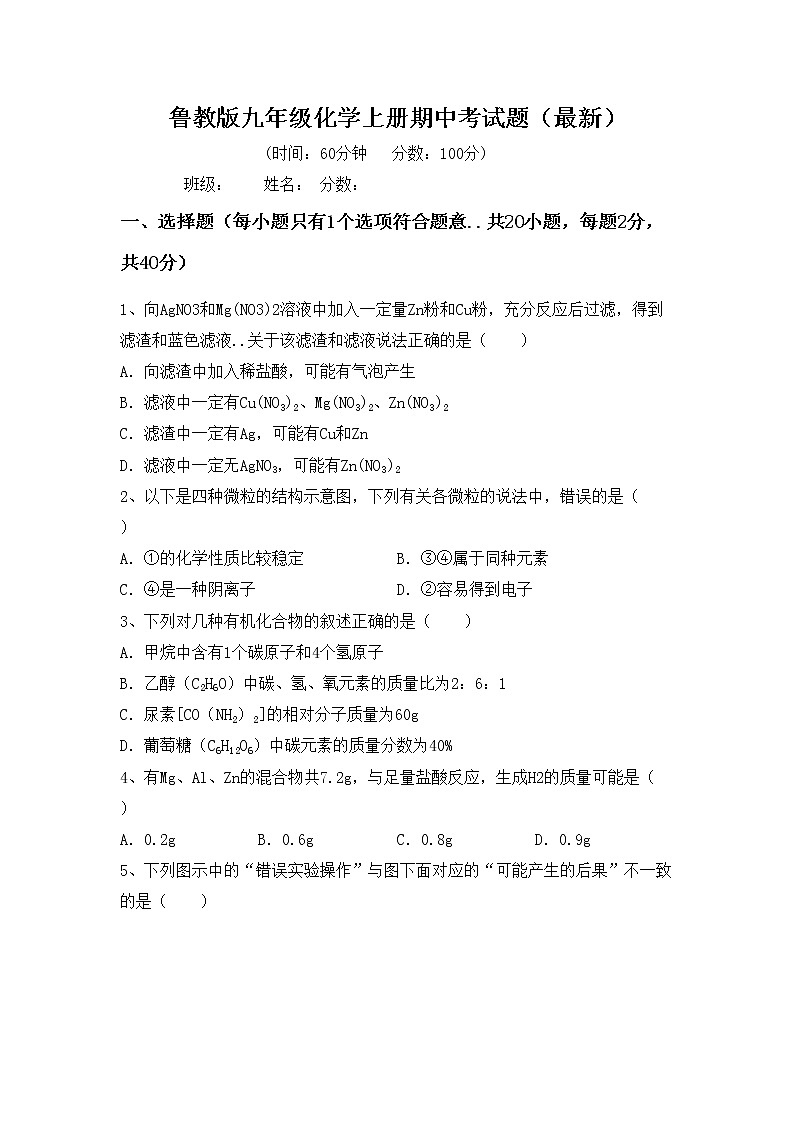 鲁教版九年级化学上册期中考试题（最新）第1页