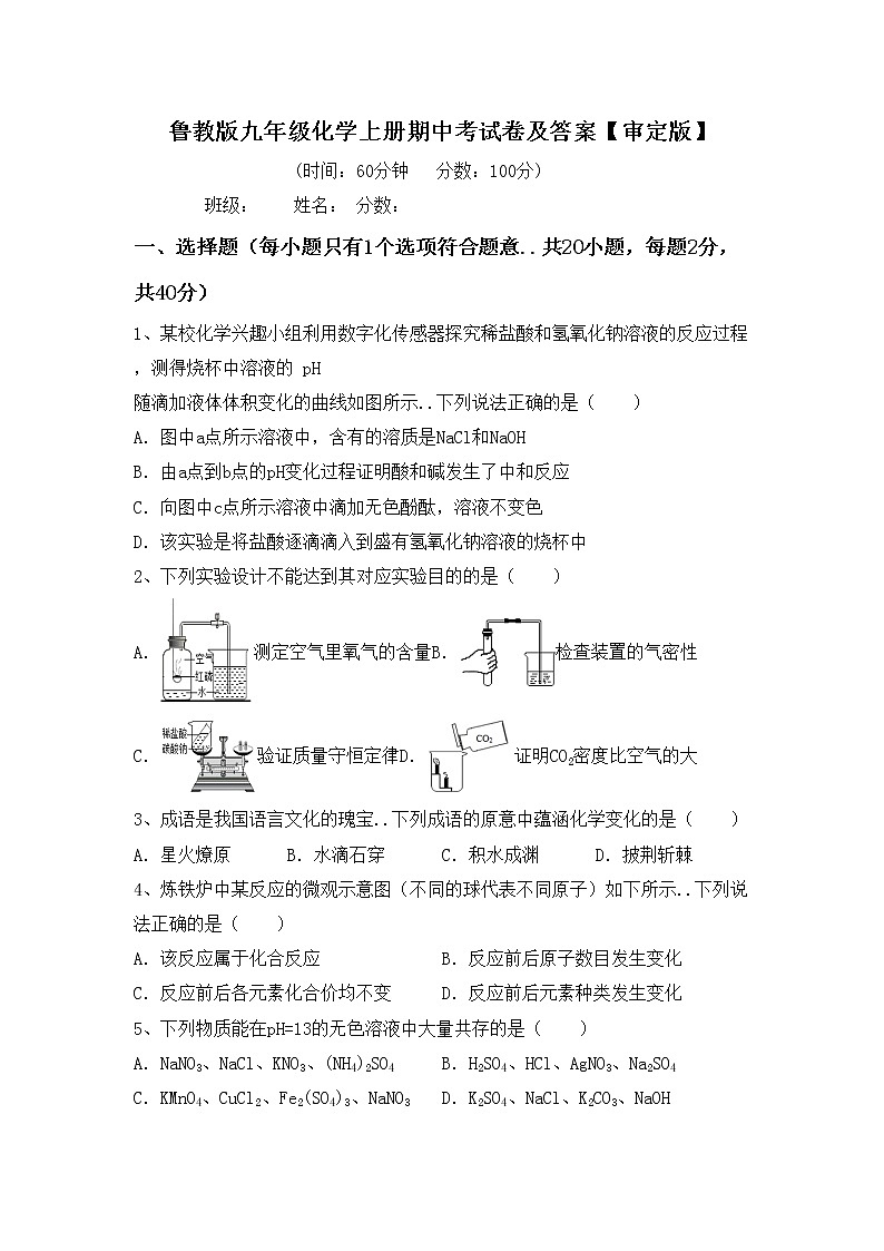 鲁教版九年级化学上册期中考试卷及答案【审定版】第1页
