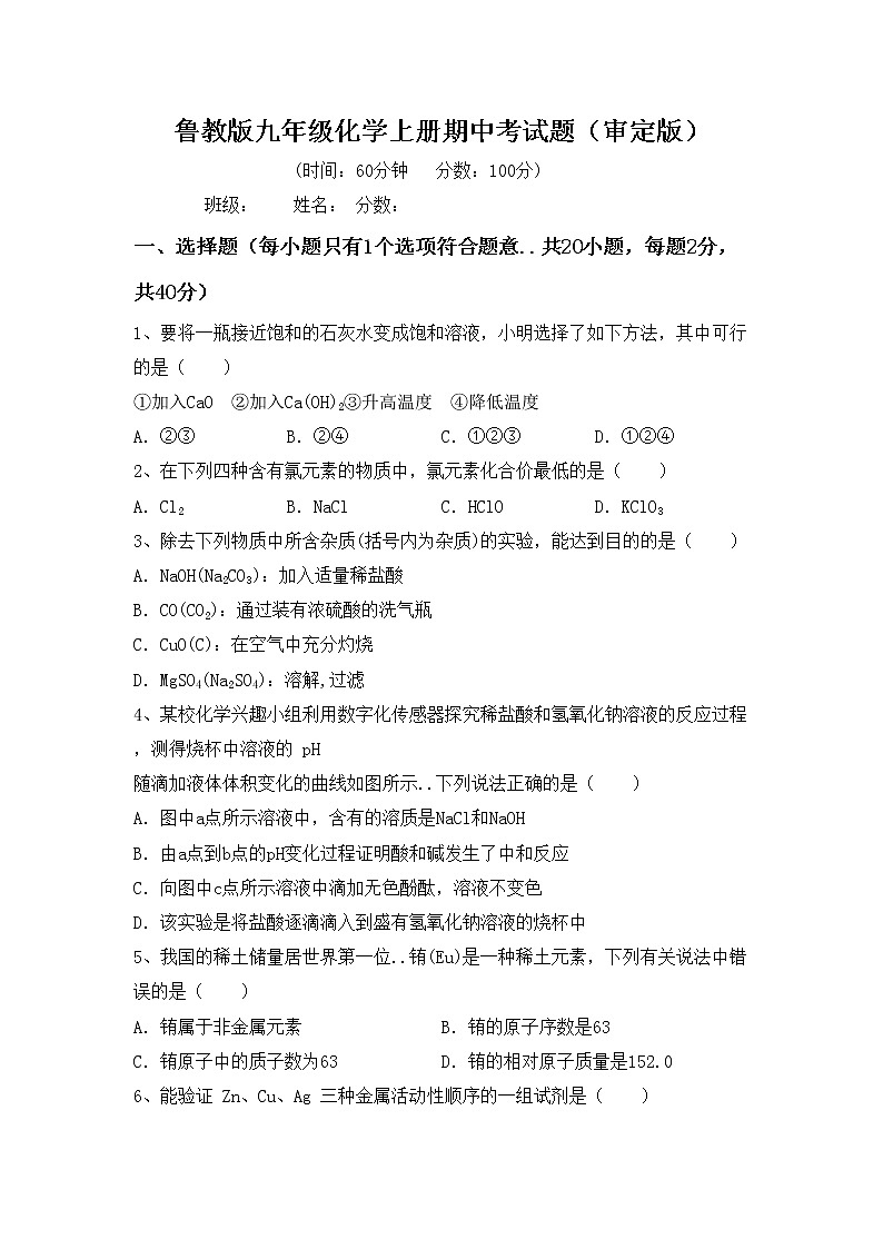 鲁教版九年级化学上册期中考试题（审定版）第1页