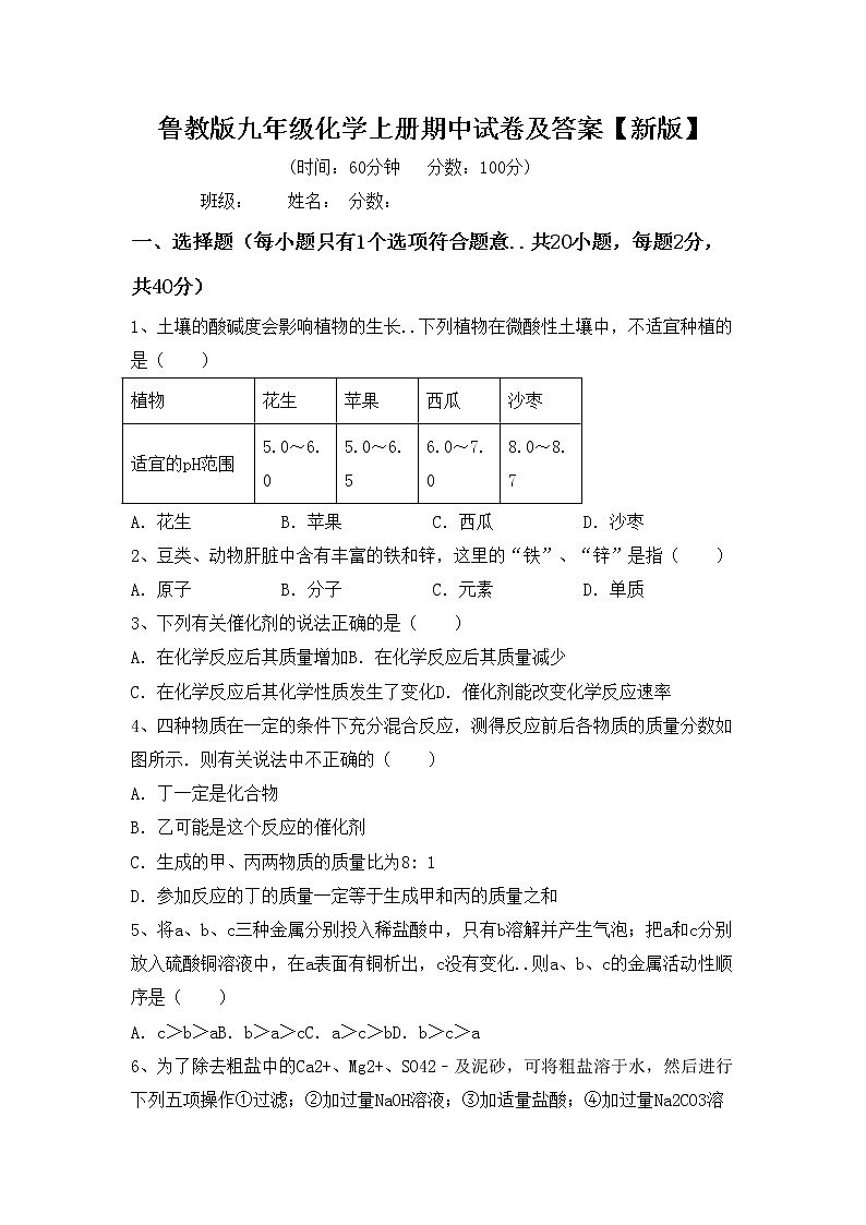 鲁教版九年级化学上册期中试卷及答案【新版】第1页