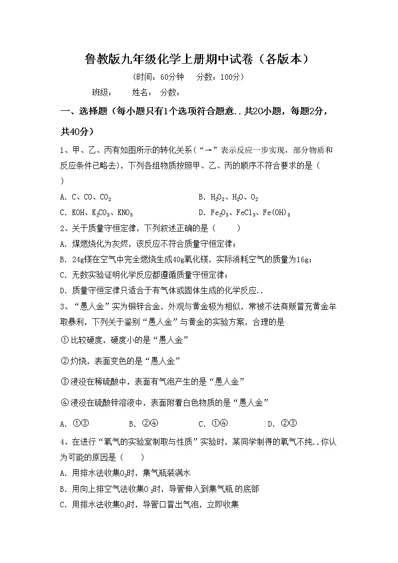 鲁教版九年级化学上册期中试卷（各版本）第1页