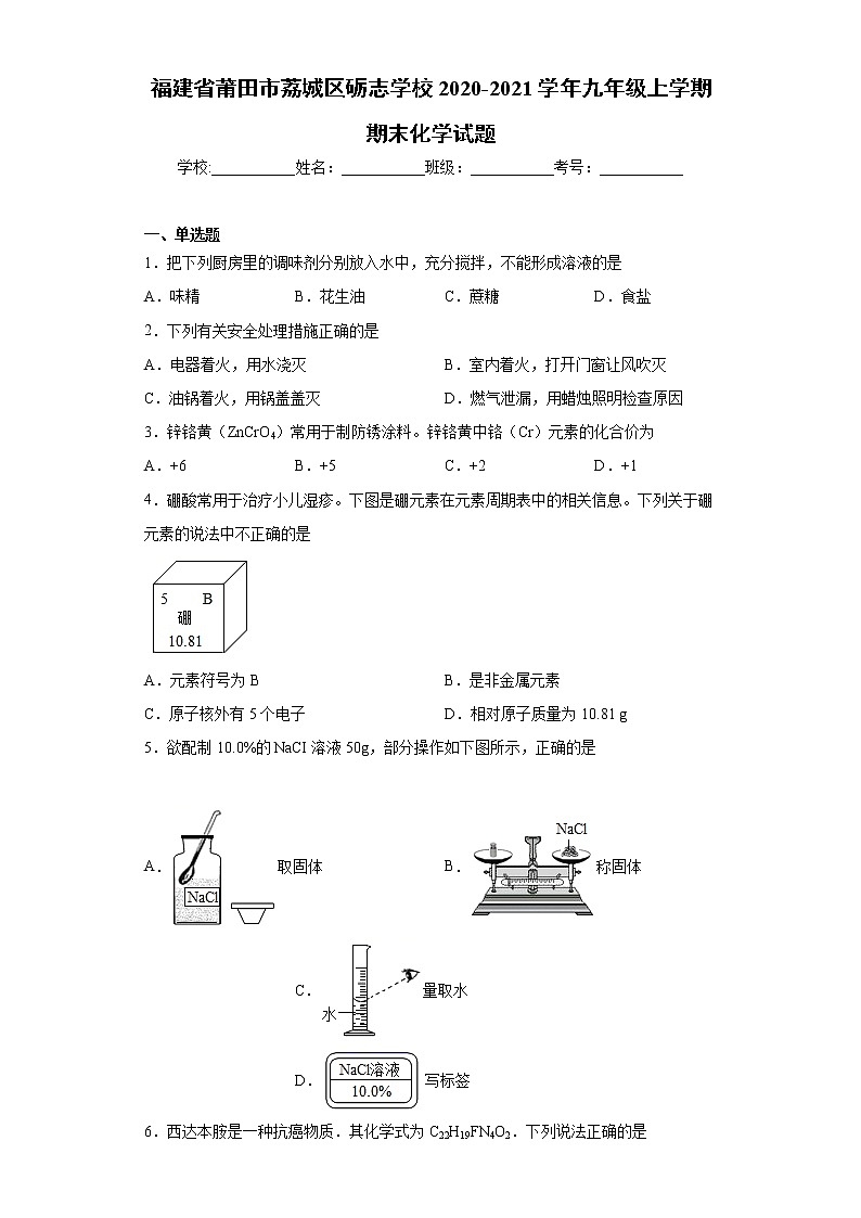 2020-2021学年福建省莆田市荔城区砺志学校九年级上学期期末化学试题（含答案与解析）01