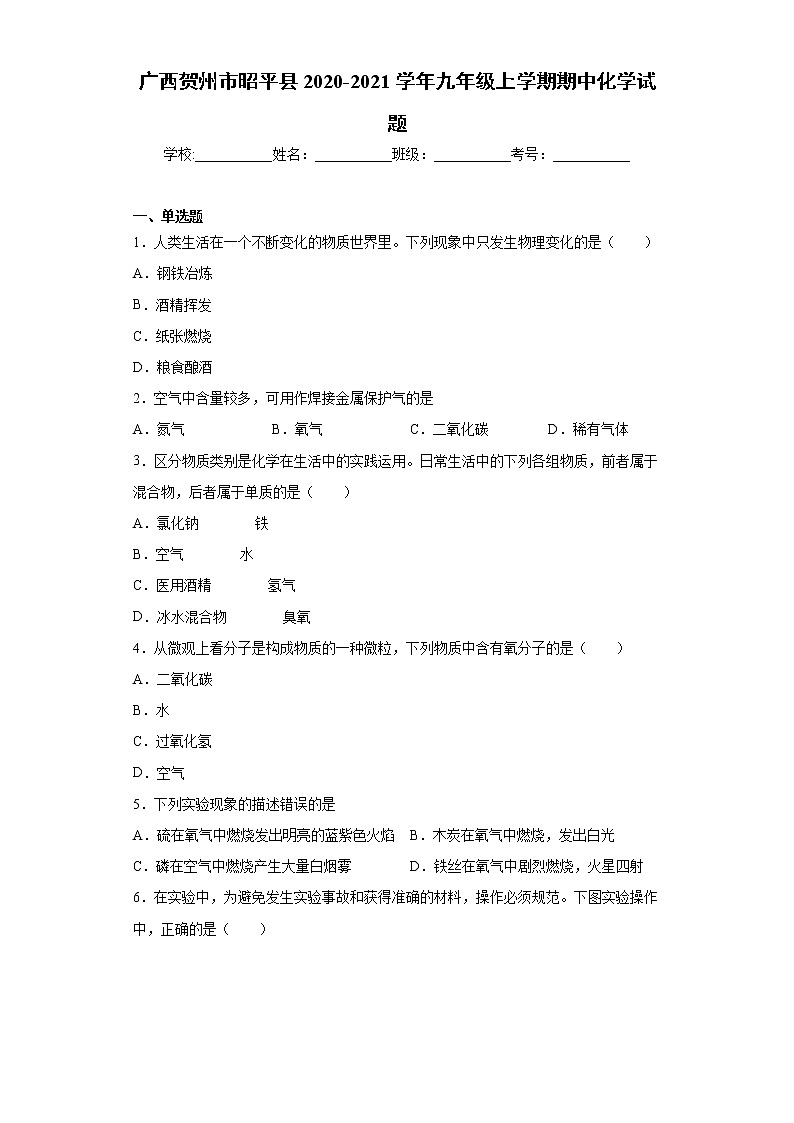 2020-2021学年广西贺州市昭平县九年级上学期期中化学试题（含答案与解析）01