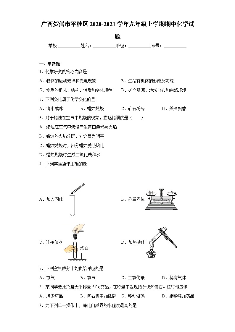 2020-2021学年广西贺州市平桂区九年级上学期期中化学试题（含答案与解析）01