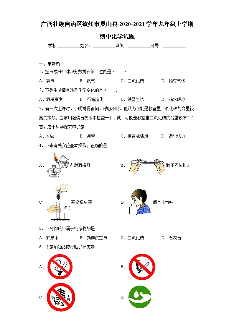 2020-2021学年广西钦州市灵山县九年级上学期期中化学试题（含答案与解析）01